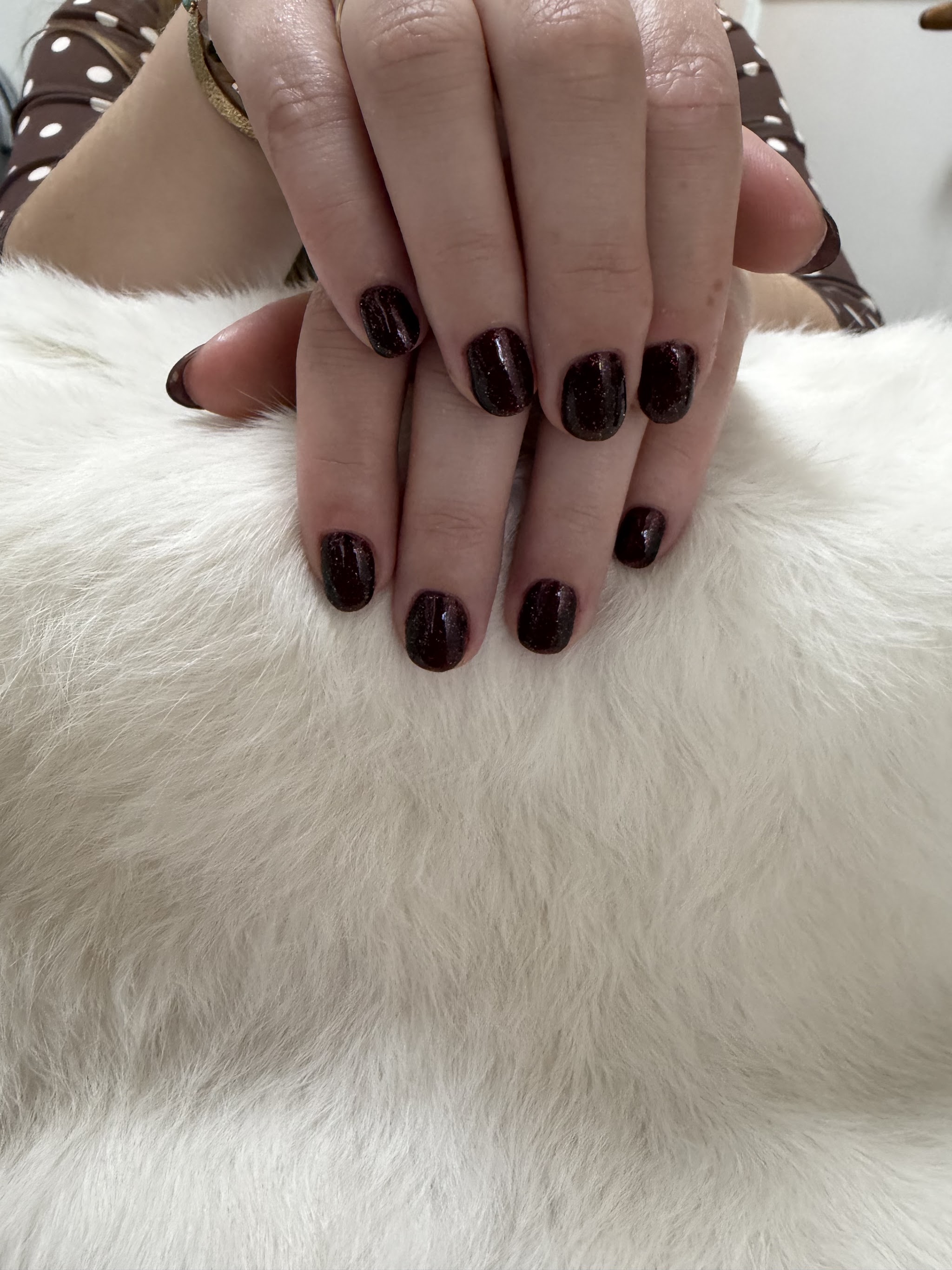 Donker bordeaux gelakte nagels op wit bont